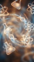 Abstract scientific background with glowing DNA helixes and atomic structures floating in cosmic space with golden light effects for research presentations.