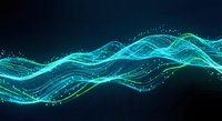 Abstract digital wave with flowing cyan and green light particles on dark background for technology and data visualization concepts.
