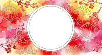 Asian lanterns and floral elements in red and gold watercolor surround a blank circular frame, ideal for lunar new year designs, greeting cards, and festive backgrounds.
