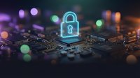 Cybersecurity concept with glowing padlock icon on computer circuit board representing data protection and digital security technology solutions.