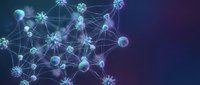 Abstract network visualization with glowing nodes and connecting lines on gradient purple background for technology and data science concepts.