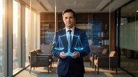 Professional businessman in suit holding digital justice scales hologram in modern office representing legal technology and corporate law services.