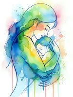 Watercolor mother tenderly holding newborn baby in loving embrace with rainbow colors and paint splashes on white background for motherhood designs.