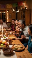 Hispanic grandfather embracing granddaughter during family dinner celebration with traditional food and warm lighting in cozy dining room atmosphere.