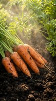 Fresh organic carrots with green tops growing in rich garden soil with warm sunlight filtering through foliage for healthy eating and sustainable farming.