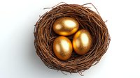 Golden eggs nestled in natural brown twig nest against white background, symbolizing wealth, investment and financial security. Isolated composition for business concepts.