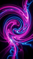 Vibrant neon swirl with magenta and cyan glowing lines spiraling on dark background, suitable for tech, music, and digital design projects.