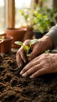Elderly hands gently protecting young green seedling sprouting from rich soil in warm sunlight for gardening and growth concepts.
