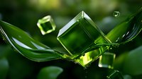 Green translucent cubes floating above curved leaf shapes with water drops and splashes against dark nature background, creating fresh dynamic composition.
