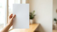 Woman holding blank white paper sheet in bright interior space with natural light and potted plants, suitable for mockup and branding projects.