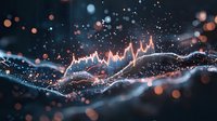 Glowing stock market chart with orange and blue light effects floating over abstract dark landscape with bokeh particles and waves for financial background.