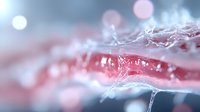 Delicate spider web strands with morning dew drops in soft pink and blue tones create dreamy macro photography composition with selective focus and bokeh effect.
