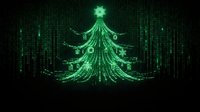 Digital Christmas tree made of green glowing code matrix with ornaments and star on dark background for holiday tech designs and cyber celebrations.