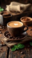 Cup of fresh cappuccino with heart-shaped foam art on rustic wooden background, surrounded by roasted coffee beans and fresh mint leaves. Dark moody atmosphere.