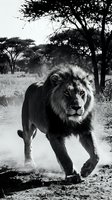 Powerful male lion walking on dusty savanna path with acacia trees in dramatic black and white wildlife photography capturing raw African wilderness essence.