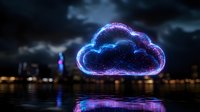 Glowing neon cloud shape floating over water at night with city lights reflection, digital art concept for cloud computing and data storage technology.
