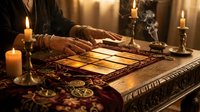 Fortune teller reading tarot cards by candlelight with mystical atmosphere. Hands of psychic woman performing divination ritual with burning candles.