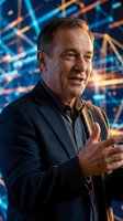Middle-aged Caucasian male professional in dark blazer gesturing while speaking against digital network background with blue and orange light trails, suitable for business, technology, and corporate presentations.