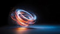 Glowing spiral light rings with orange and blue neon effects floating above reflective dark surface against black background, creating futuristic abstract composition.