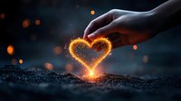 Magical glowing heart shape formed by sparkles and light particles with reaching hand against dark background, romantic mood with bokeh effects.