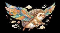Cute hedgehog with ornate, colorful patterned wings flying among decorative clouds. Isolated on transparent background, ready for t-shirts, stickers, clipart, sublimation and print-on-demand designs.
