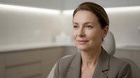 Professional middle-aged Caucasian businesswoman in gray suit smiling confidently in modern office environment for corporate presentations.