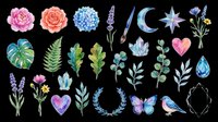 Watercolor floral and botanical elements isolated on transparent background. Includes roses, hydrangeas, lavender, leaves, hearts, crystals, moon, stars, butterflies and birds. Ready for t-shirt design, clipart, stickers, sublimation and print-on-demand projects.