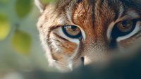 Close-up view of wild caracal cat eyes and face partially hidden behind foliage, showing intense amber gaze and distinctive facial markings in natural light.