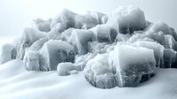 Fractured ice blocks in cool blue tones create dramatic frozen landscape composition, highlighting natural crystalline structures and translucent surfaces in winter setting.