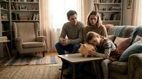Young Caucasian family with toddler son sitting together on living room sofa, parents helping child with activity book in cozy home interior.
