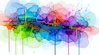 Abstract watercolor cityscape with vibrant rainbow splashes and dripping paint effects on white background for modern design projects.
