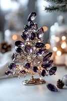Elegant crystal tree decoration with purple amethyst-colored gems on silver branches against soft bokeh lights and winter decorative elements.