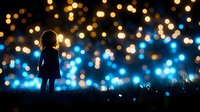 Young girl silhouette standing in magical night garden with glowing blue and golden bokeh lights creating dreamy atmosphere against dark background.