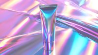 Cosmetic tube on holographic background with iridescent metallic reflections and pink-blue gradient lighting effects creates futuristic beauty product presentation.