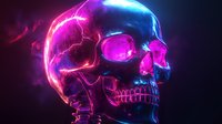 Glowing neon skull with vibrant pink and blue lighting effects against dark background, featuring electric details and dramatic side profile view for gaming or music artwork.
