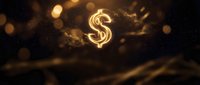 Golden dollar sign symbol glowing with warm light effects and bokeh particles on dark background for finance and business concepts.