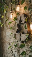 Wooden recycle symbol on rustic stone wall with glowing Edison bulbs and green ivy vines, evoking sustainability and eco-friendly living concepts.