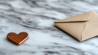 Copper metallic heart and kraft paper envelope on marble background, romantic minimal composition for love letters and Valentine's day messages.