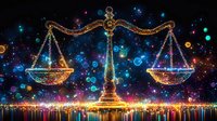 Golden scales of justice glowing against cosmic starry background with colorful bokeh lights for legal and astrology themes.