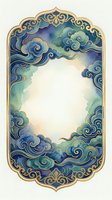 Ornate golden frame with swirling blue and green clouds in traditional Asian style, empty center space for text or design elements on white background.
