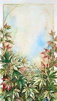 Watercolor botanical frame with red and green foliage, gold border, and soft pastel sky background. Isolated design element suitable for invitations, greeting cards, and decorative projects.