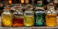 Vintage glass bottles with cork stoppers filled with colorful liquids in amber, red, yellow, green and orange hues arranged on wooden surface for apothecary design.