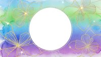 Watercolor floral frame with white circle space for text on rainbow gradient background with golden line art flowers for greeting cards and invitations.