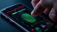 Glowing green fingerprint scan on smartphone screen with futuristic interface elements and finger touching display in dark environment, cybersecurity concept.