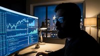 Silhouetted male trader wearing glasses analyzes financial data on multiple monitors displaying stock charts and market graphs at night, suitable for finance, investment, and business technology concepts.