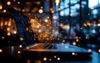 Magical glowing sparkles floating above laptop keyboard in dark room with blurred bokeh lights creating atmospheric evening workspace ambiance.