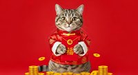 Tabby cat wearing red traditional costume with gold coins on red background, symbolizing luck and prosperity for festive celebrations and greeting cards.