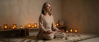 Woman in beige clothing meditating in serene spa environment with lit candles, suitable for wellness, mindfulness, and relaxation content.