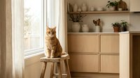 Orange tabby cat sitting on wooden stool by window in modern home interior with natural light and minimalist decor.