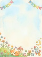 Watercolor nursery background with whimsical fox, flowers, bunting flags, alphabet blocks, rocket ship and stars on cream backdrop. Suitable for baby shower invitations, greeting cards and children's designs.